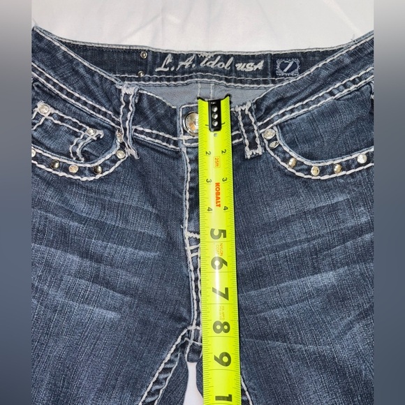 L.A. Idol Size 7/30 Dark Wash Embellished Y2K Low Rise Babydoll Bootcut Jeans - Picture 5 of 11